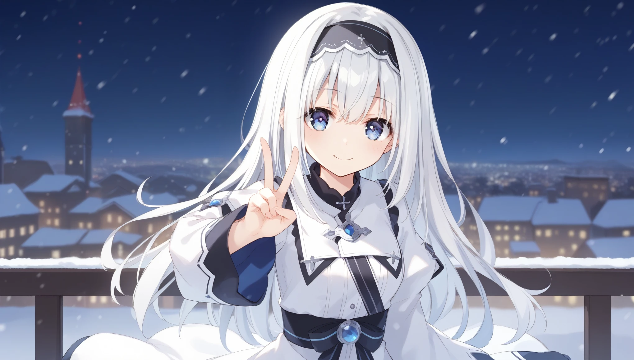 score_9, score_8_up, score_7_up, arusu maria,1girl, solo, long hair, blue eyes, white hair,hair between eyes,white dress,white thighhighs, long sleeves, wide sleeves,black hairband,Face, close-up, upper body, peace pose, smiling, sit, rised hand, snow background, night, city ​​in the distance, brightening Eyes