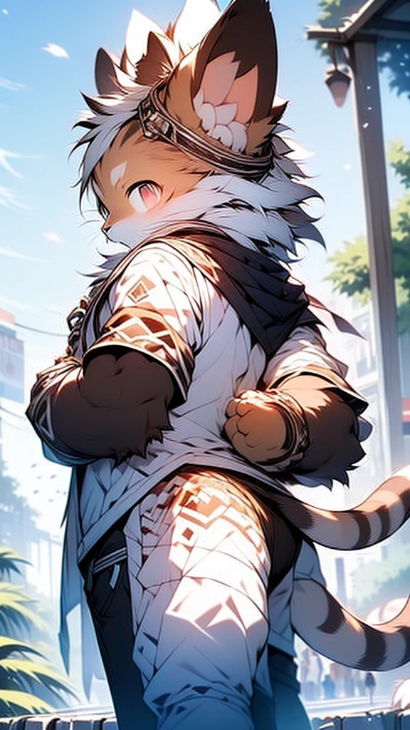 individual，male，Hairy all over，（Black and white hair），（Tiger Man），I look back at you with my hands behind my back，Gently bend forward，Sly smile，Eyes slightly narrowed，Pink Eyes，（juvenile），Lovely，8K highest quality，Upper body close-up，Wearing red clothes