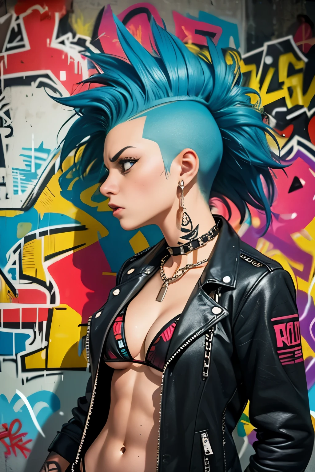 (Artwork, best quality:1.2), 1 girl , ((side view)) , cinematic, comic style, intrincately detailed, "Punk Girl",(( in dynamic sexy pose)) ((spiky mohawk hair, red punk hair, angry face, wearing a black jacket, chains, Rocket style, tattooed girl , hot body, abs, bikini boobs) . Shallow depth of field, vignette, highy detailed, high budget, bokeh, cinemascope, temperamental, epic, marvelous, film grain, grainy. ((Abandoned Graffiti Wall Background, garbage,  cinematic lighting )).