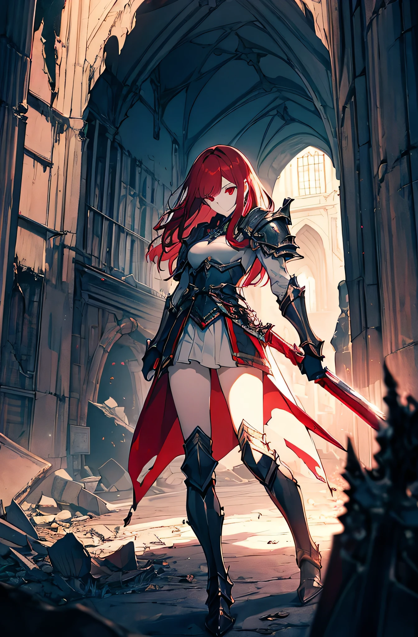 4k,hight resolution,One Woman,Bright red hair,Longhaire,red eyes,knights,white sacred armor,jewel decorations,Big sword in her hand,medieval town,furious,((dark cave,ruin place)),