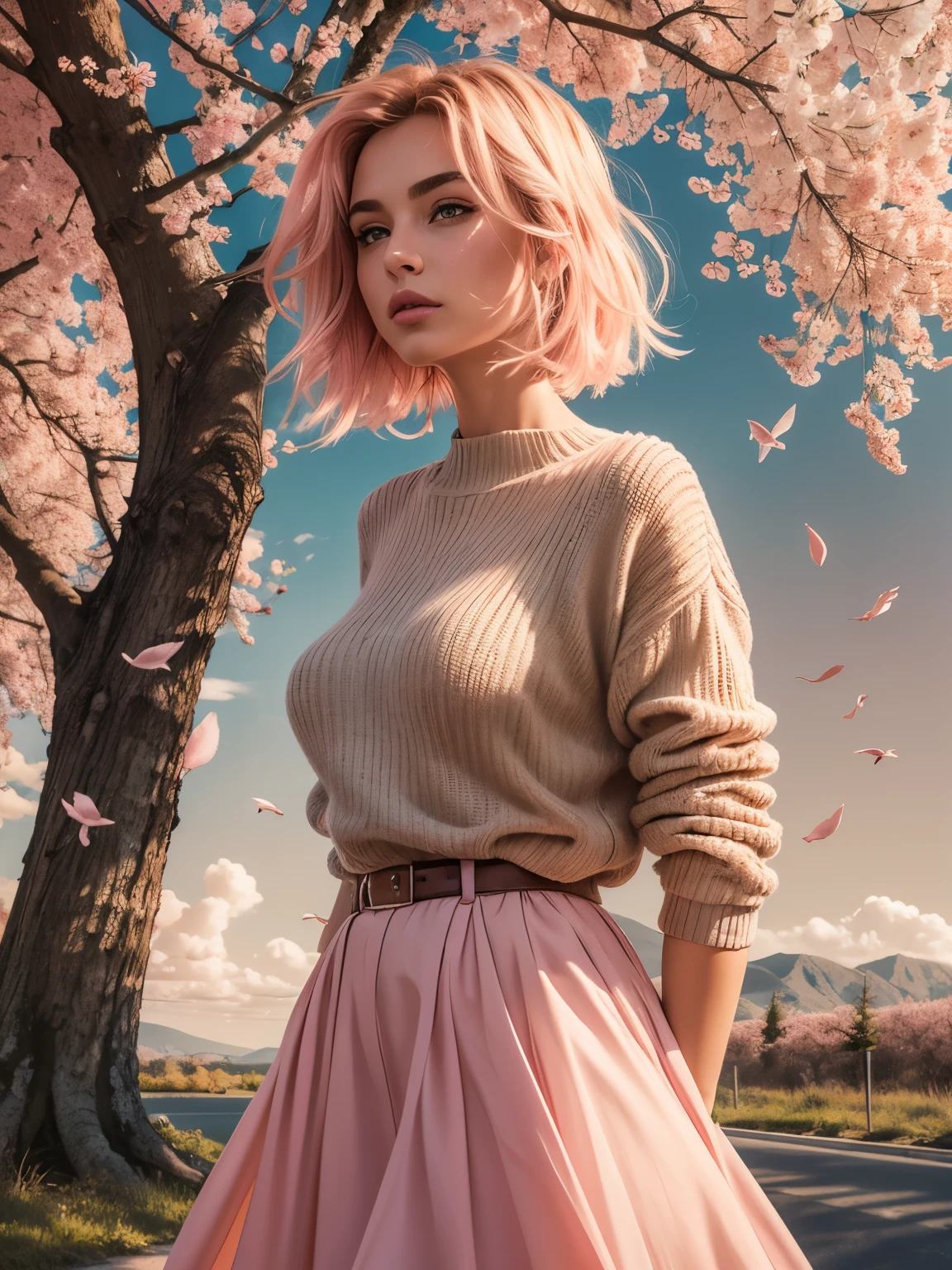 masterpiece, best quality, ultra-detailed, illustration, wide angle, 1 ultra hot gorgeous European woman. Âge 23.stand in the middle of road, solo, road in the middle and pink cherry trees on roadside, full body,pink hair, sweater, short skirt, fashion,, composition, balance, harmony, rhythm, color, light, shadow, reflection, refraction, tone, contrast, foreground, middle ground, background, naturalistic, figurative, representational.