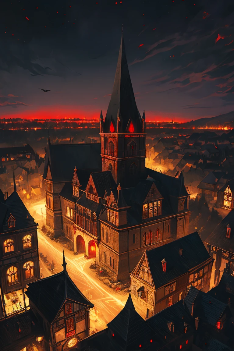 old European village shot with bird view, (Red glowing eyes), masterpiece, Depth of written boundary, Lutz, Gwaites style artwork, Gothic aesthetics, Dark Vampire village, ((in the dark gothic style cathle:1)), ((dark mid-night time:1.5)),