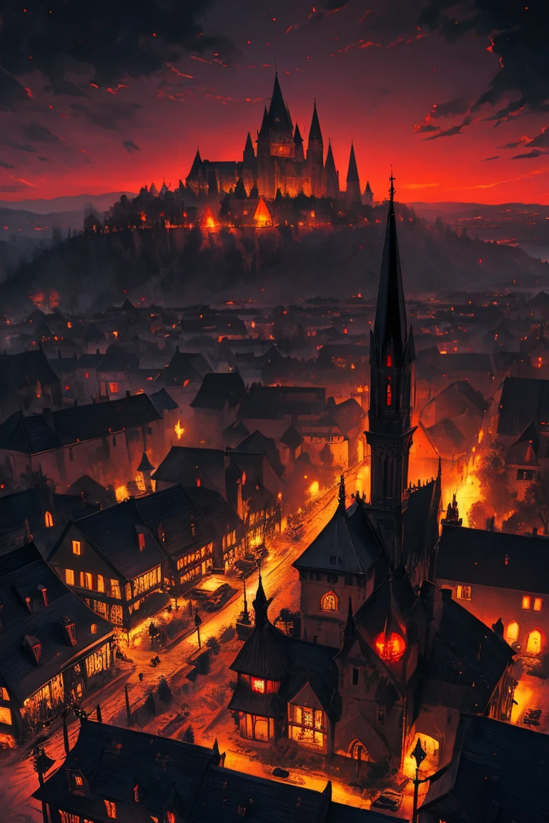 old European village shot with bird view, (Red glowing eyes), masterpiece, Depth of written boundary, Lutz, Gwaites style artwork, Gothic aesthetics, Dark Vampire village, ((in the dark gothic style cathle:1)), ((dark mid-night time:1.5)),