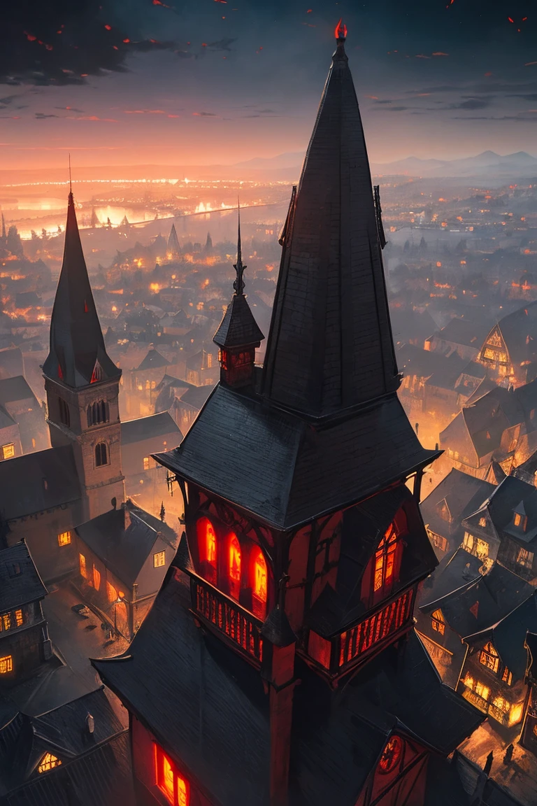 old European village shot with bird view, (Red glowing eyes), masterpiece, Depth of written boundary, Lutz, Gwaites style artwork, Gothic aesthetics, Dark Vampire village, ((in the dark gothic style cathle:1)), ((dark mid-night time:1.5)),