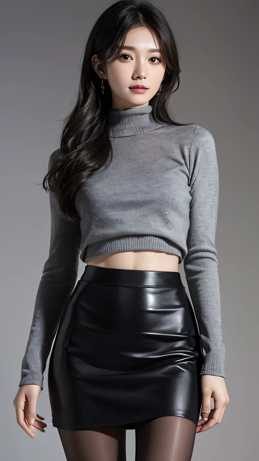 (8K、RAW Photos、Highest quality、masterpiece:1.2)、(Realistic、Realistic)、1 Girl、((Bondage、leather、Bodysuits、black、Thin legs、whole body、mini skirt、tights、boots、basement、View from the front、Looking into the camera、belt、Stand with hands on hips))、cute