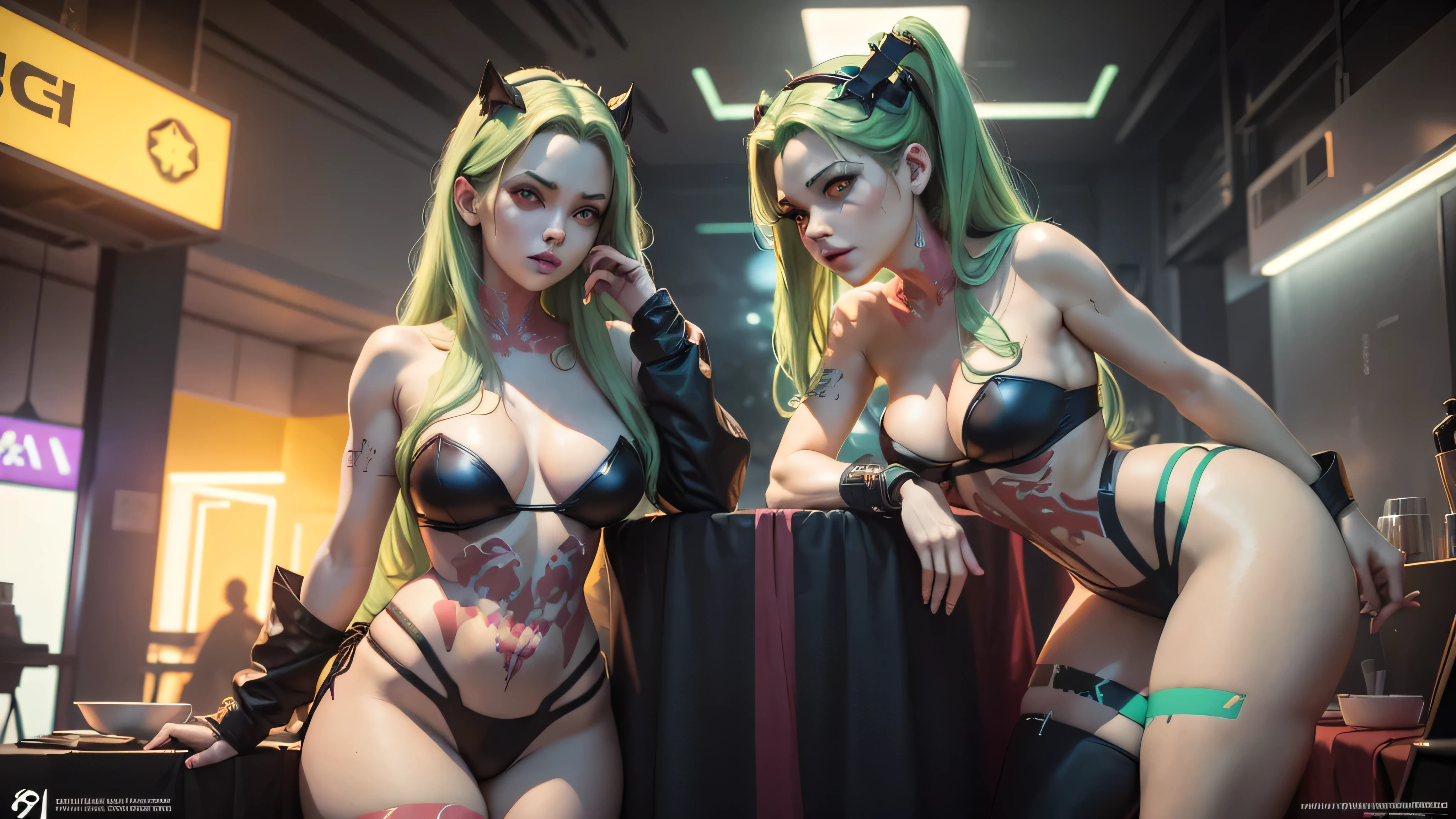 A striking image of a young very busty Rebecca, firm round ass, smooth hips, sexy long legs, great complexion, beautiful face, detailed eyes, the iconic anime character. She has long, green hair styled in loose waves and is wearing a revealing red very small string bikini and a bat symbol on the front. Her outfit includes thigh-high black boots. The lighting is bright and natural, highlighting the bold colors and details of her costume, as well as her confident and alluring expression. Art Styles: Cosplay Photography Realism Artists Referenced: Revy black lagoon Categories: Cosplay anime characters Elegant detailed luxury, neon lights, The artwork is rendered in an edgy and realistic style, with high attention to detail and sharp focus. The colors are vivid and contrasted, with a slight desaturation to create a moody atmosphere. shadowy highlights enhancing the overall composition. The medium used is a digital illustration, with a touch of photo-realistic elements to add depth and texture to the image. The final result is a masterpiece in ultra-high resolution, poster style, yellow neon lighting in the background,