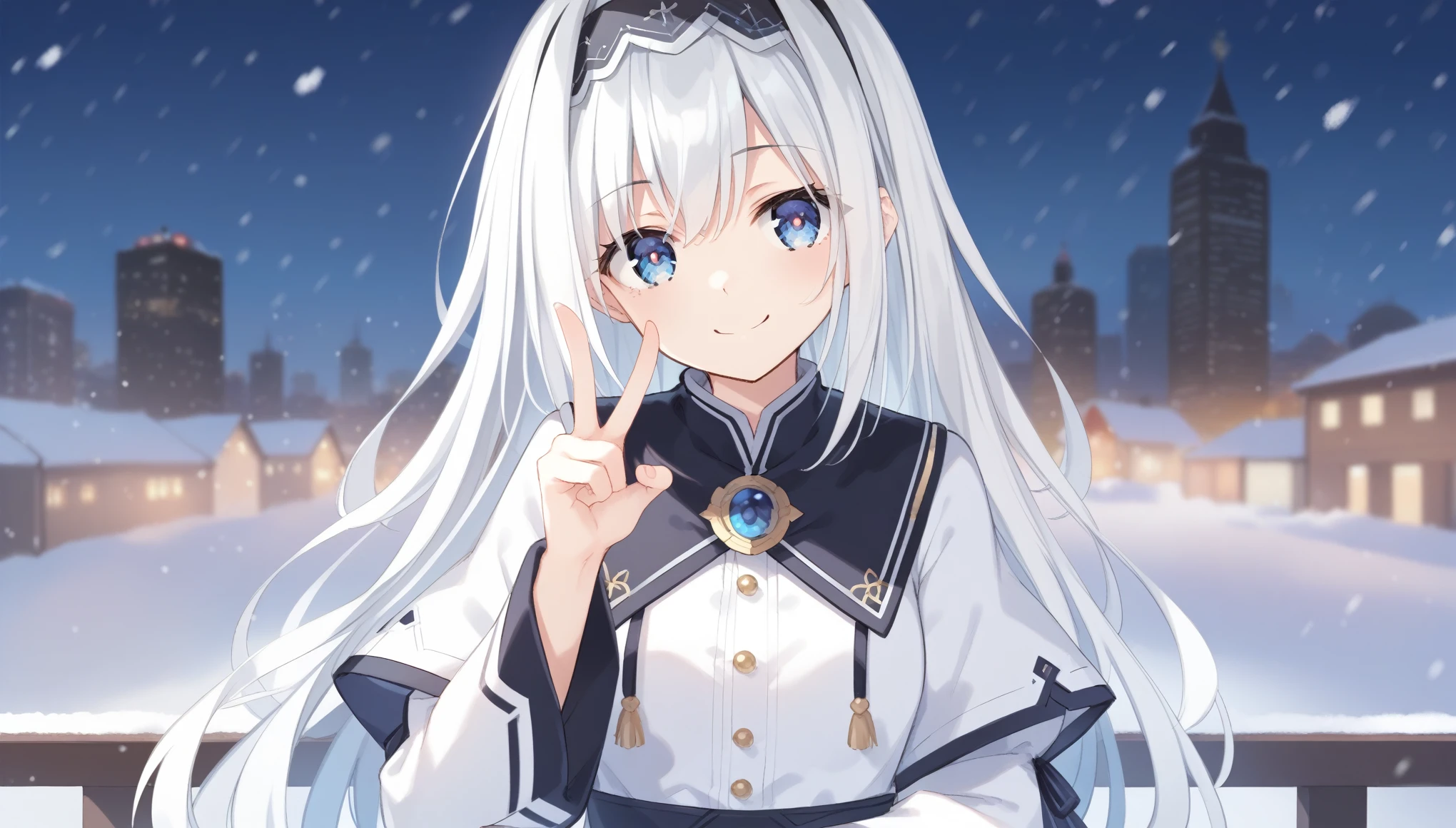 score_9, score_8_up, score_7_up, arusu maria,1girl, solo, long hair, blue eyes, white hair,hair between eyes,white dress,white thighhighs, long sleeves, wide sleeves,black hairband,Face, close-up, upper body, peace pose, smiling, sit, rised hand, snow background, night, city ​​in the distance, brightening Eyes