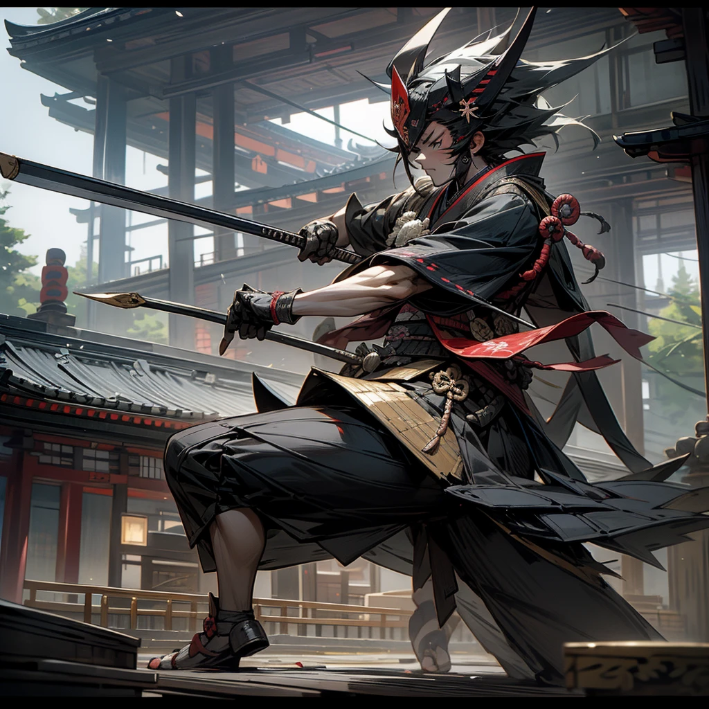 Set in the Japanese Warring States Period，Japanese daimyo fight in front of a Japanese wonder building，Draw their samurai equipment。
