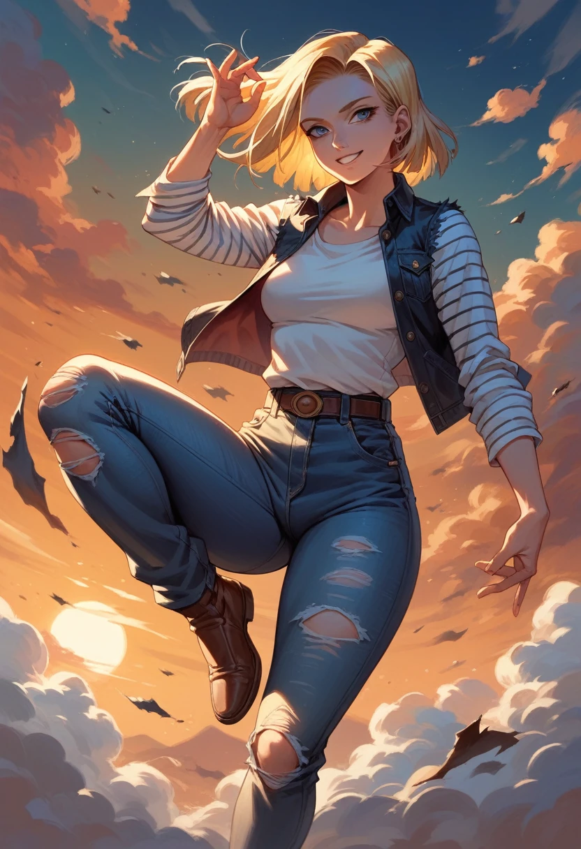 (Android numbers 18) beautiful blonde MILF woman wearing white clothes and black leather vest with torn and damaged jeans pants, very tight with strong thighs and normal small breasts, smiling, flying in the clouds at sunset, with perfect lighting, and realistic landscape 