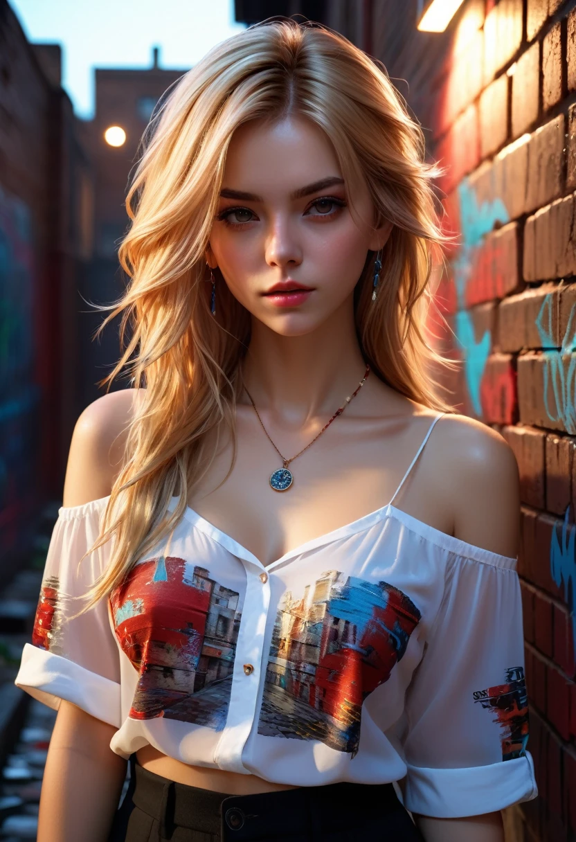 Ultra-realistic 8k CG, masterpiece, ((Super detailed background, Exquisite pattern, Intricate details)), best quality, Intricate detailss, Chromatic Aberration, 1 Girl, long hair, blonde, messy hair, Red highlights, Hair covering one eye, Sharp eyes, Necklace, Brick Wall, Graffiti, Dim Lights, alley, Large-size shirt,Off-shoulder, See-through white shirt, masterpiece, best quality