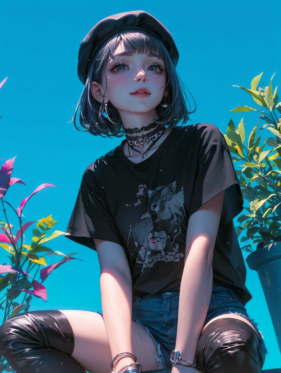 Beauty, High nose, Long eyelashes,Pink Lips, Closed Mouth, pastel colour, purple, Dull pink, Dull Blue, Light, Fluttering Hair,Big eyes, Inner color hair, turn around, Get wet, short hair, cute, 30 years old, glossy, charm, Real,null, smile,Wolf Hair, Big white t-shirt, Gray Hair,Smoke a cigarette,