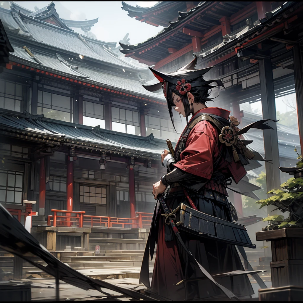 Set in the Japanese Warring States Period,Japanese generals fight in front of a Japanese wonder building,Draw their samurai equipment。