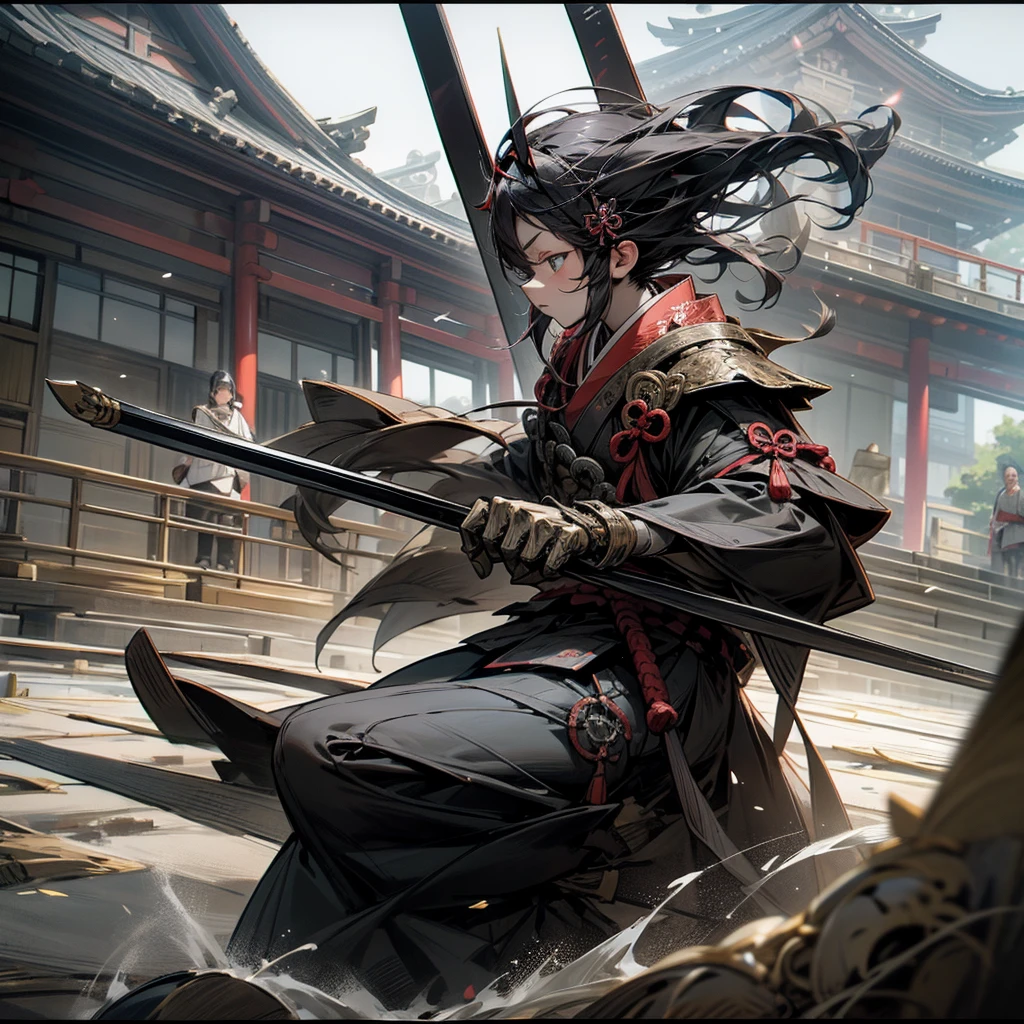Set in the Japanese Warring States Period,Japanese generals fight in front of a Japanese wonder building,Draw their samurai equipment。