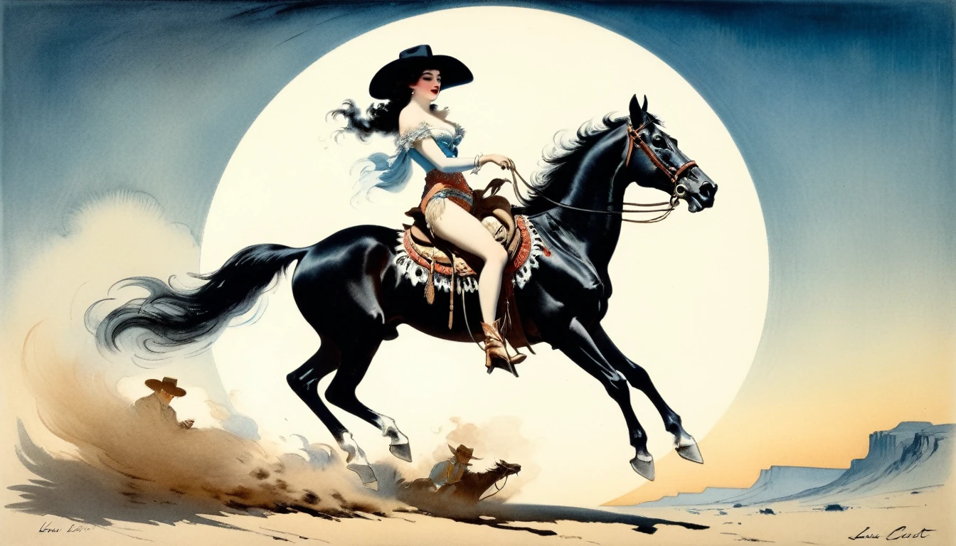 (best quality, Masterpiece:1,1), ((illustration by Louis Icart)),Western Cowboy, improvisation, Detailed illustration, grotesque,
 Intricate details, tempering, (aesthetics), excitement, hyperrealistic, insanely detailed, ((Louis Icarth style)