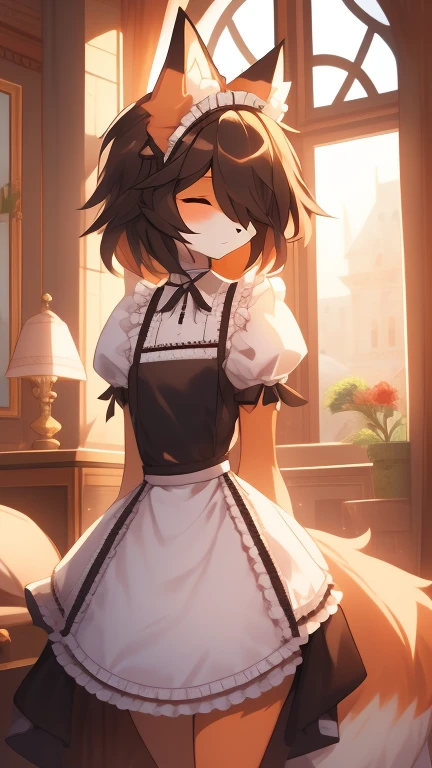 Best quality, super detailed illustration, warm colors, Ideal lighting, better detail, (fluffy fox boy:1.4) , feminine face and body, disheveled thick hair, maid clothes, short shorts, black butterfly, Sleepy view, bags under the eyes, femboy, small waist, wide hips, slim, perfect body, style &quot;DND&quot;, mansion background