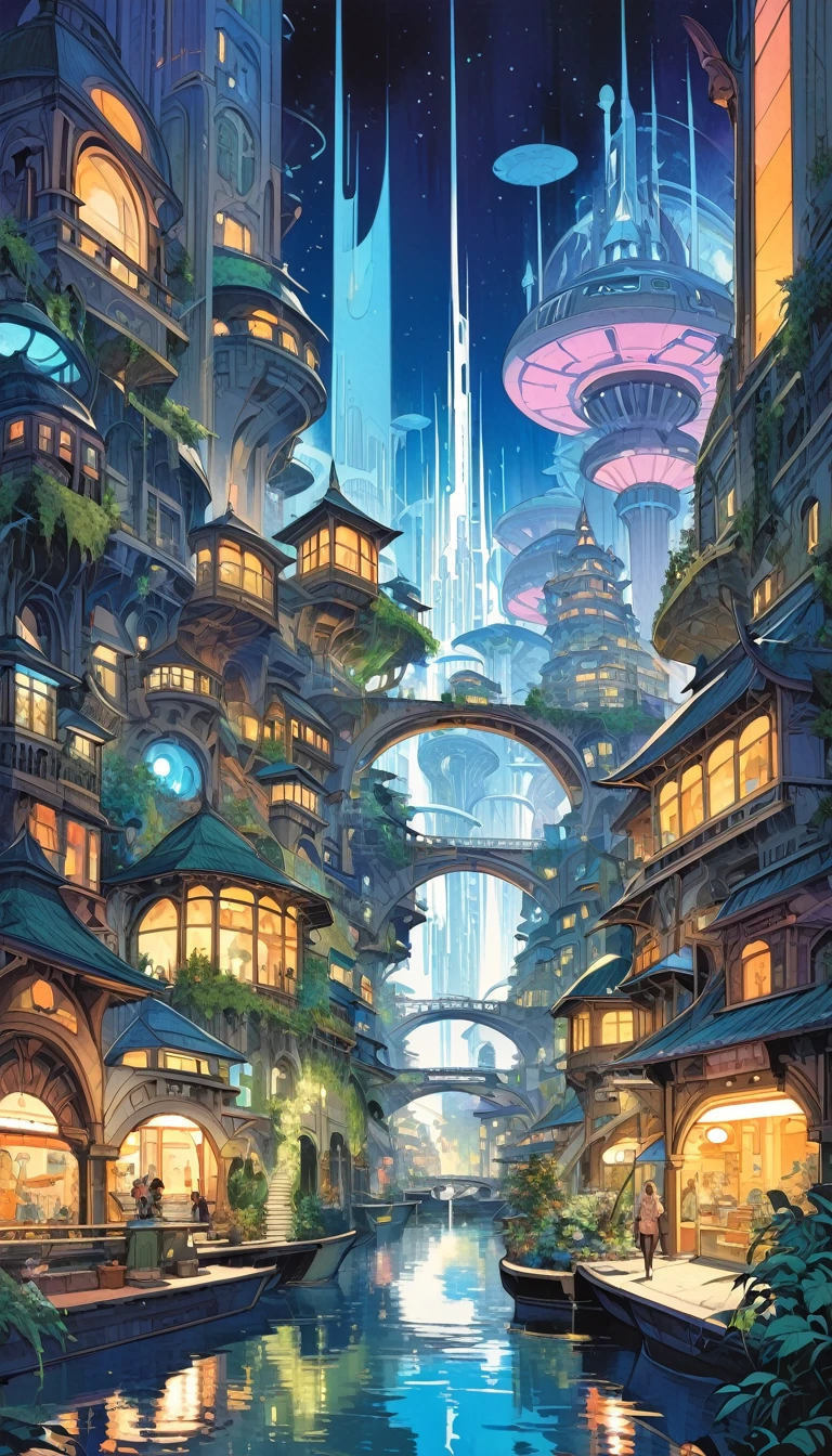 lake city, an impressive city built on a large lake, with canals as streets, lots of vegetation, futuristic elements, artwork by Bill Sienkiewicz , vivid colors, intricate details,