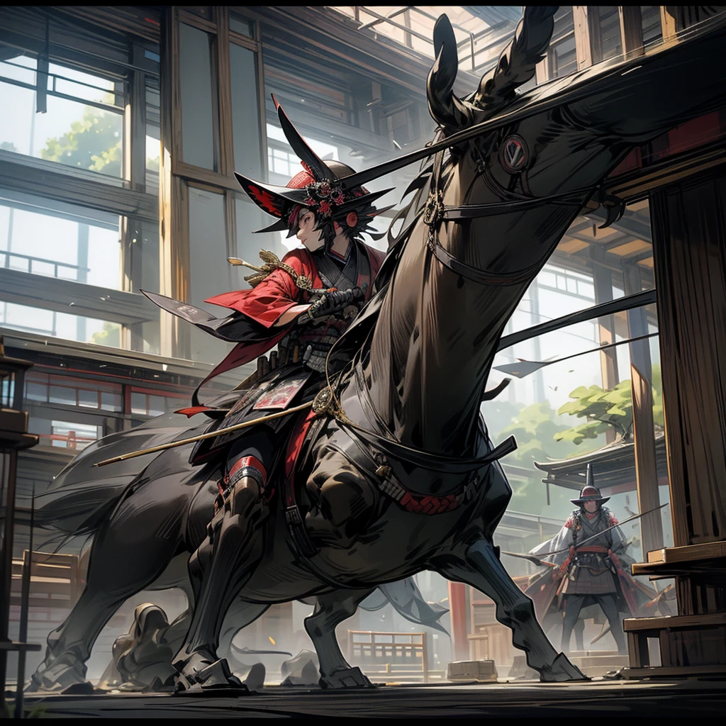 Set in the Japanese Warring States Period，Japanese generals fight in front of a Japanese wonder building，Draw their samurai equipment。
