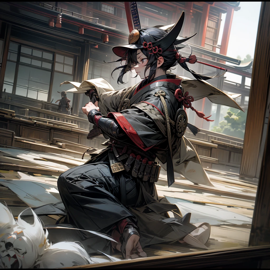 Set in the Japanese Warring States Period，Japanese generals fight in front of a Japanese wonder building，Draw their samurai equipment。
