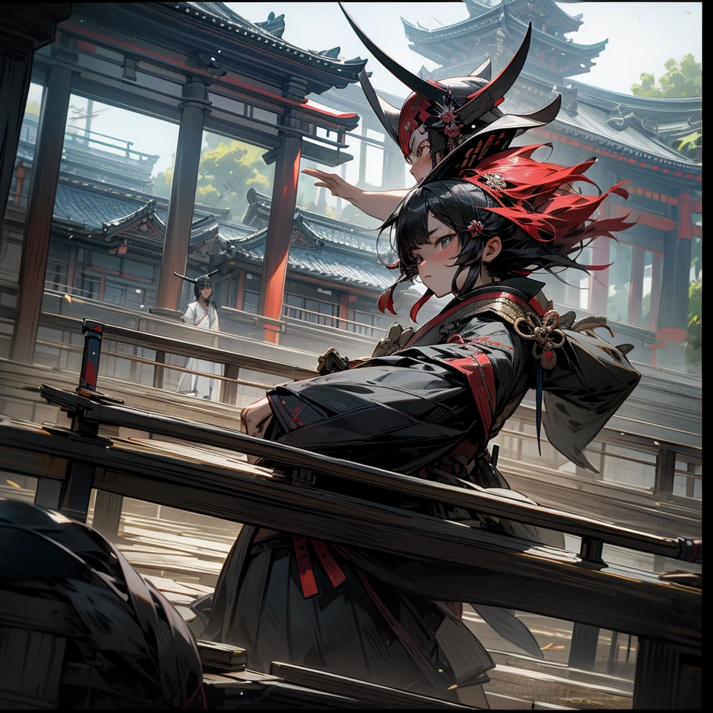Set in the Japanese Warring States Period,Japanese generals fight in front of a Japanese wonder building,Draw their samurai equipment。