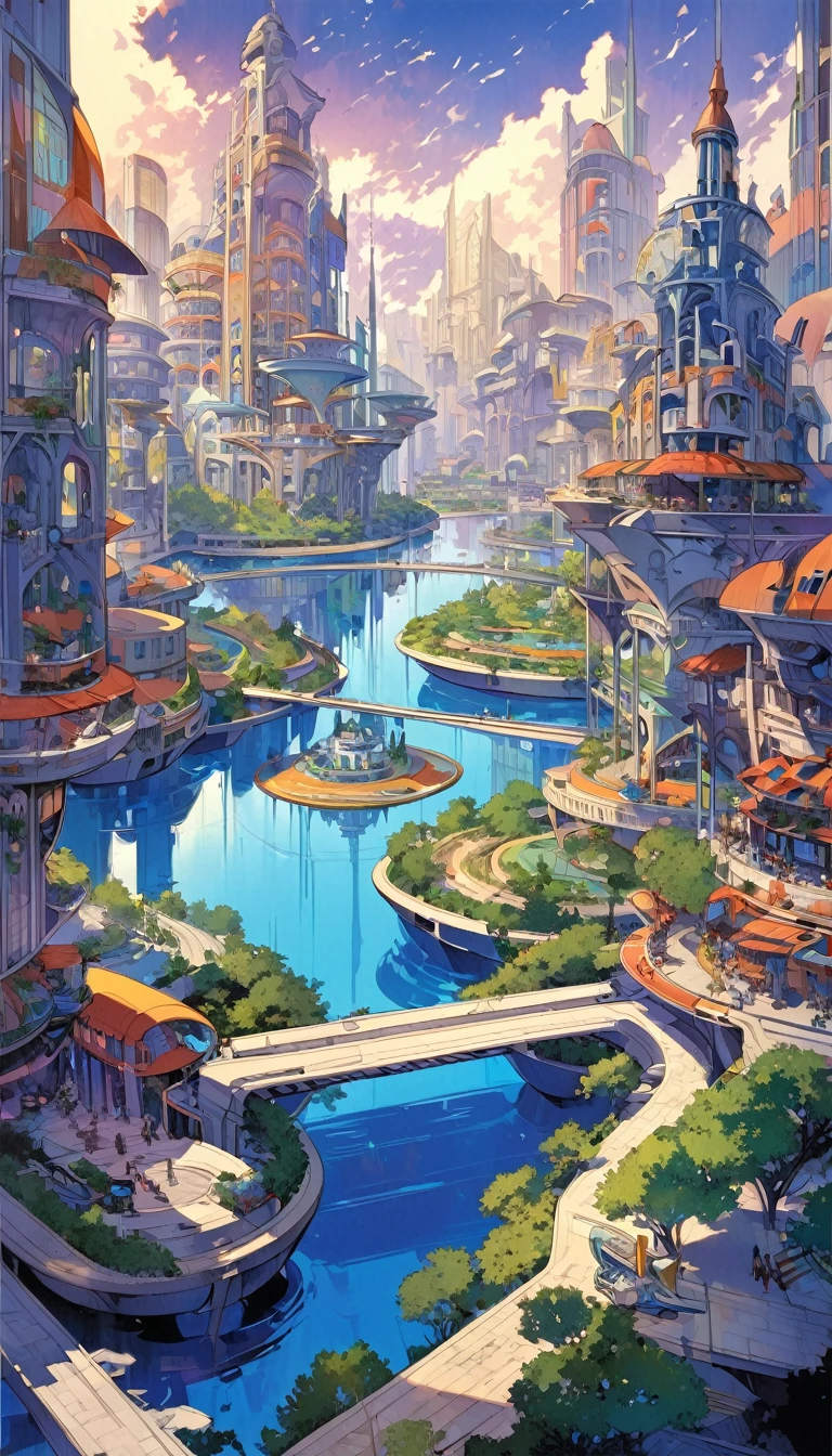 lake city, an impressive city built on a large lake, with canals as streets, lots of vegetation, futuristic elements, artwork by Bill Sienkiewicz , vivid colors, intricate details,