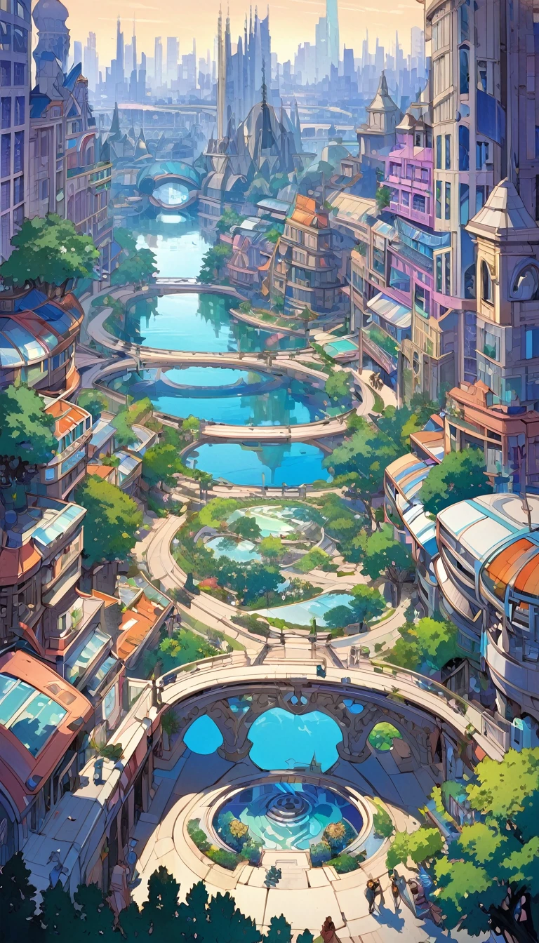 lake city, an impressive city built on a large lake, with canals as streets, lots of vegetation, futuristic elements, artwork by Bill Sienkiewicz , vivid colors, intricate details,