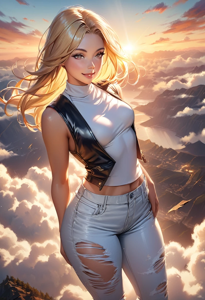 (Android numbers 18) beautiful blonde MILF woman wearing white clothes and black leather vest with torn and damaged jeans pants, very tight with strong thighs and normal small breasts, smiling, flying in the clouds at sunset, with perfect lighting, and realistic landscape 