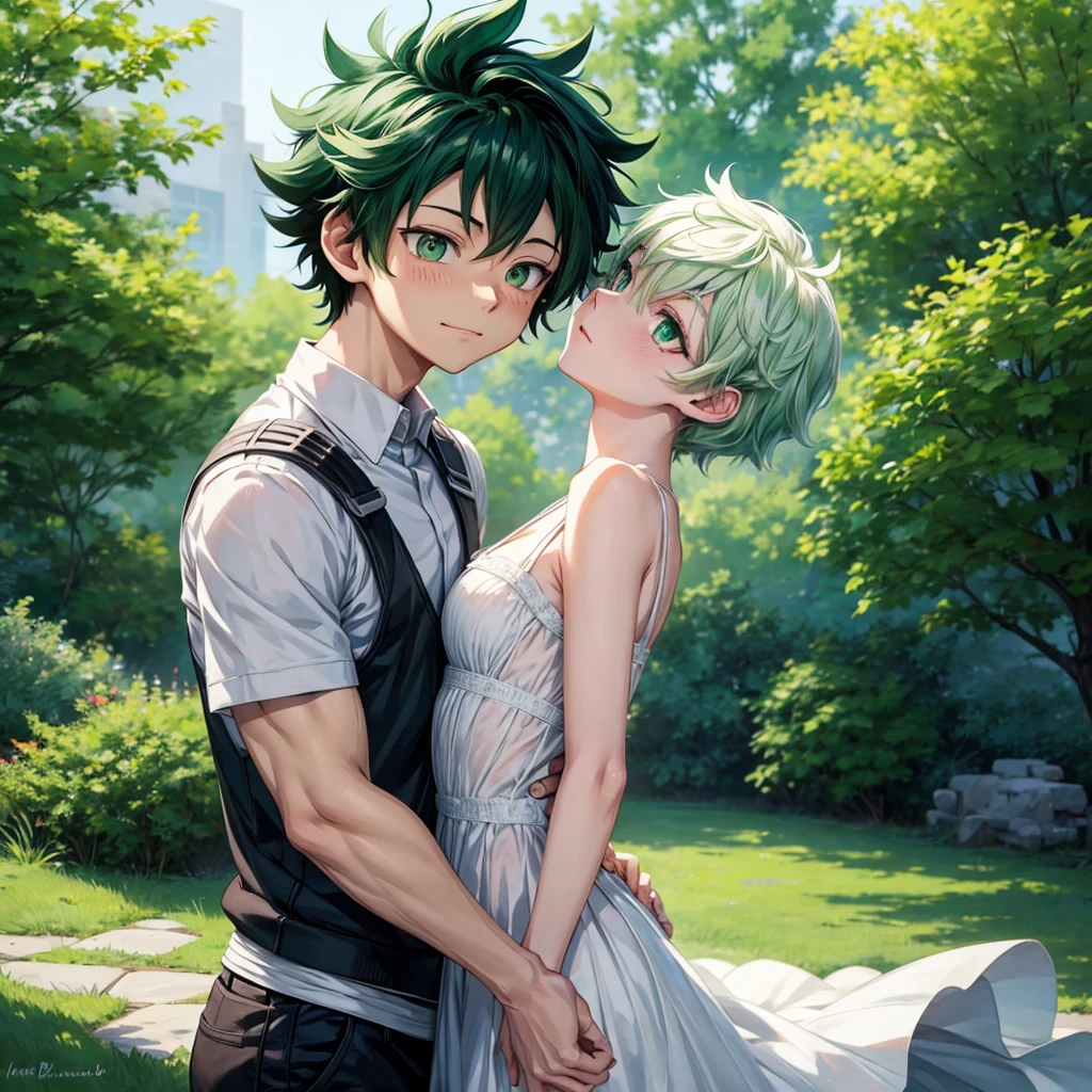 Anime boy alone deku from boku no hero academia com white dress short green hair and green eyes without chiches man 