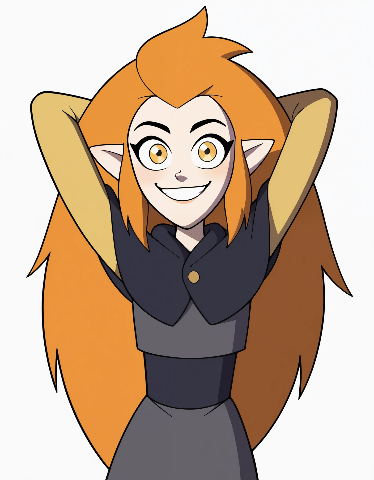 score_9, score_8_up, score_7_up, 1girl, eda clawthorne, orange hair, long hair, yellow eyes, pointy ears, , capelet, grey skirt, yellow sleeves, yellow leggings, smile, looking at viewer, arms behind head, white background, grey shirt,