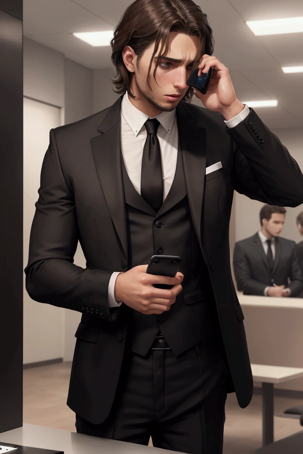 Light brunette man in all-black suit, desperate seeing several cell phones ringing on the table