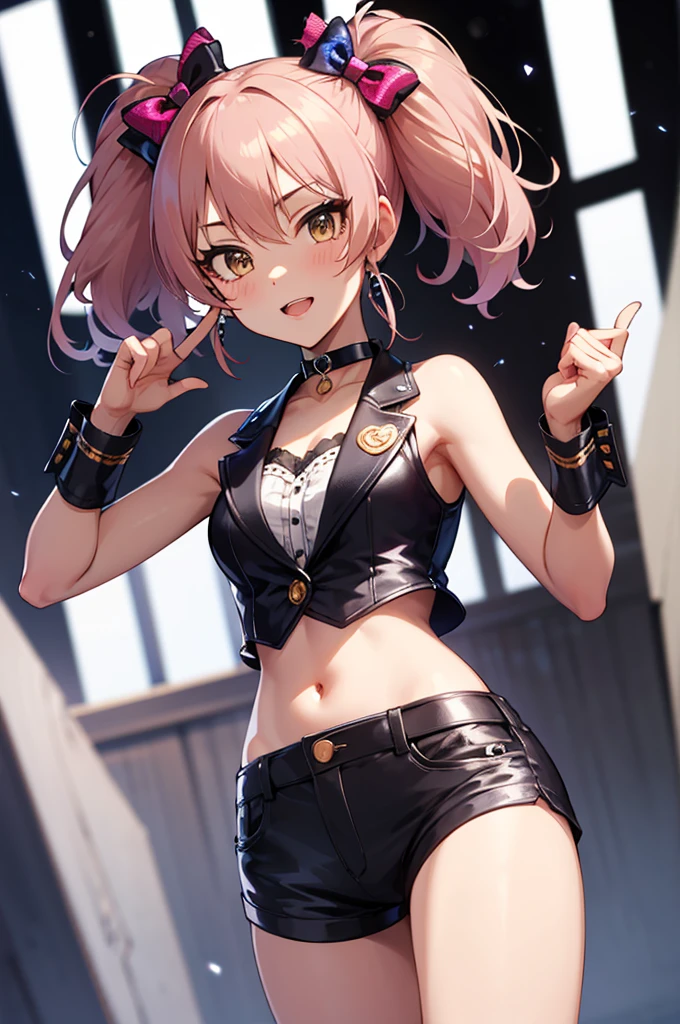 masterpiece, best quality, highres, aamika, twintails, hair bow, idol clothes, choker, vest, wrist cuffs,, midriff, shorts