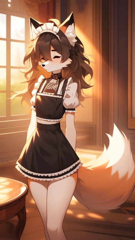 Best quality, super detailed illustration, warm colors, Ideal lighting, better detail, (fluffy fox boy:1.4) , feminine face and body, disheveled thick hair, maid crop top, short shorts, black butterfly, Sleepy view, bags under the eyes, femboy, small waist, wide hips, slim, perfect body, style &quot;DND&quot;, mansion background
