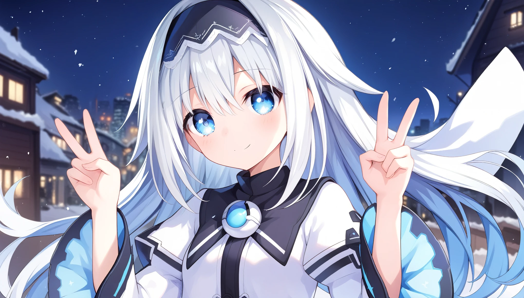 score_9, score_8_up, score_7_up, arusu maria,1girl, solo, long hair, blue eyes, white hair,hair between eyes,white dress,white thighhighs, long sleeves, wide sleeves,black hairband,Face, close-up, upper body, peace pose, smiling, sit, rised hand, snow background, night, city ​​in the distance, illuminated eyes