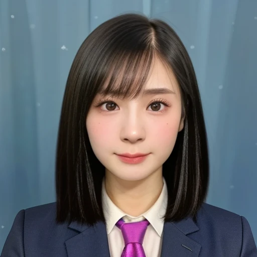 (kawaii 24 year-old Japanese girl, Nogizaka idol, Korean idol), (glossy black hair, short bob, hair length must be even and symmetric:1.3), (rounded face, single eyelid, no makeup, serious expression:1.2), (wearing suit jacket, collared shirt, necktie:1.3), (extra small breasts:0.9), (looking at viewer:1.2), BREAK, (simple blue background, yearbook background:1.3), (portrait, id photo, bust shot, view from vertically straight forward:1.3), (keep a margin on the top), BREAK, (masterpiece, best quality, photo realistic, official art:1.4), (UHD, 8K quality wallpaper, high resolution, raw photo, golden ratio:1.3), (shiny skin), professional lighting, physically based rendering, award winning, (highly detailed skin, extremely detailed face and eyes), Carl Zeiss 85 mm F/1.4, depth of field, 1girl, solo,