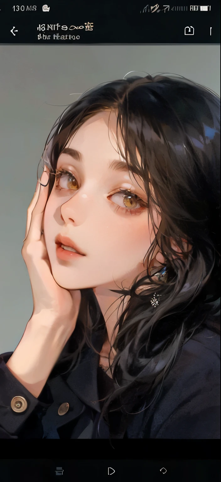 A young woman with long, straight black hair poses for a close-up selfie. She rests her left hand on her cheek, showcasing a natural, soft expression. Her skin has a warm, fresh glow, and she wears subtle makeup, including light orange eyeshadow. The background is a plain, muted gray, enhancing her features and the dark clothing she is wearing.