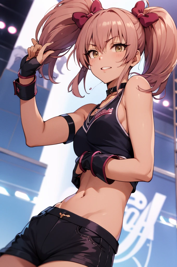 masterpiece, best quality, highres, aamika, twintails, hair bow, idol clothes, choker, vest, wrist cuffs,, midriff, shorts