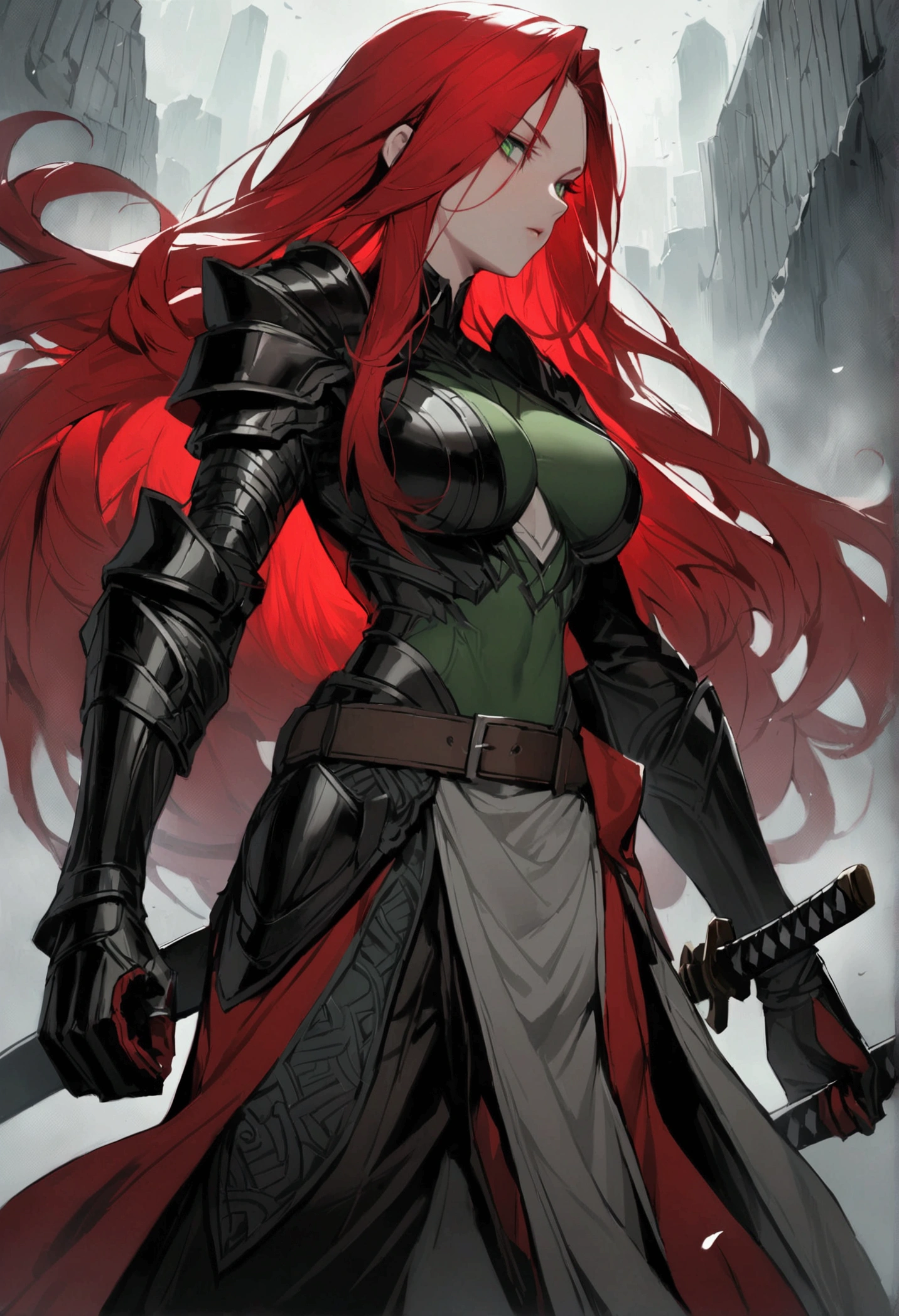 ((top quality)), ((masterpiece)), ((super detail)), ((basic hairs)), (very delicate and beautiful), Create an illustration of Katarina, a dynamic and fierce warrior character. She has long, flowing red hair and striking green eyes. Her outfit is a blend of traditional and modern, featuring a sleek leather armor, a belt with intricate designs, and matching gloves. Katarina wields a pair of sharp, dual-sided katanas. The background is a dark, battle-worn environment with a misty atmosphere to enhance the sense of danger and intensity. Use a color palette of dark reds, blacks, and grays to emphasize her fierce and intimidating presence. (from league of legends game)


