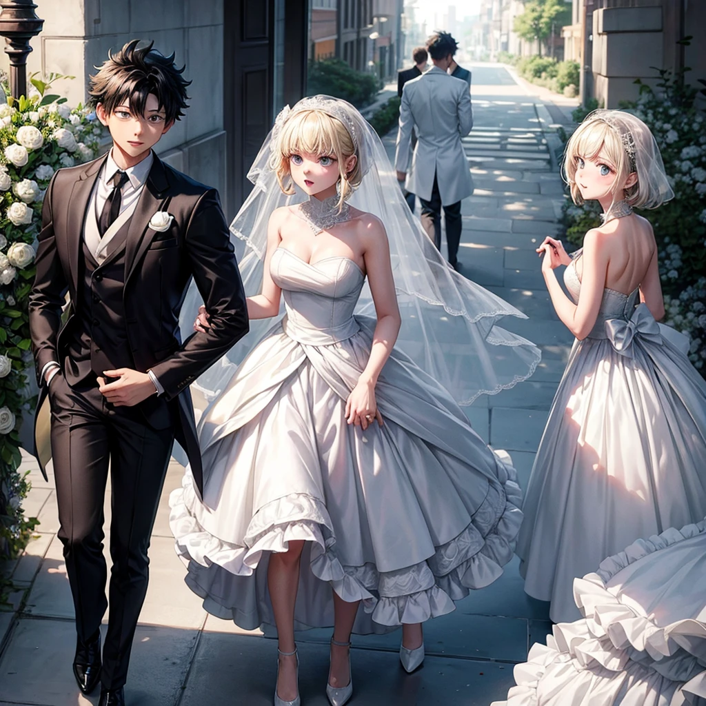 Deku wedding dress white suit and bakugo groom dress black elegant suit
