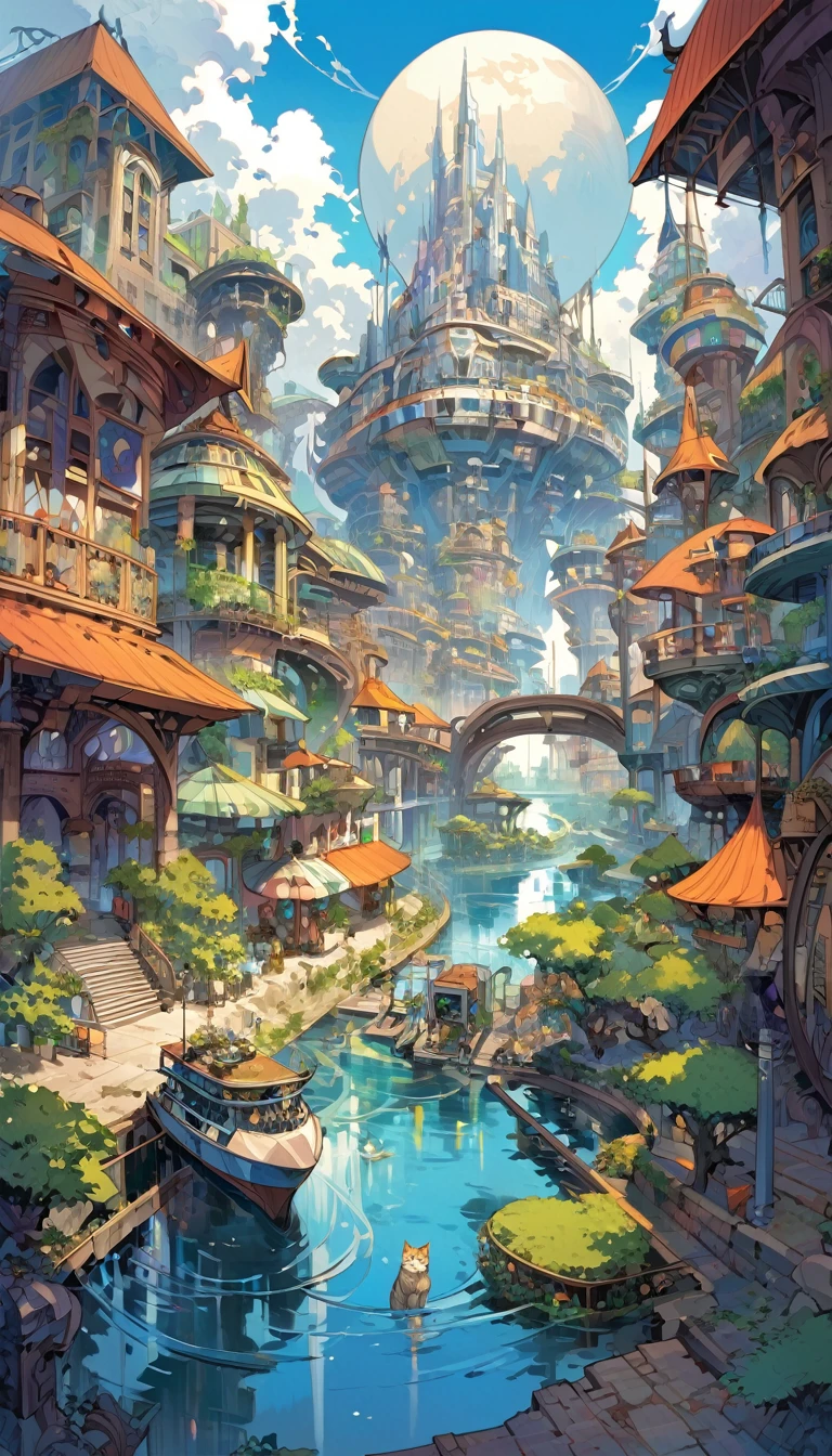 lake city, an impressive city built on a large lake, with canals as streets, lots of vegetation, futuristic elements, a cat in scene, artwork by Bill Sienkiewicz , vivid colors, intricate details,