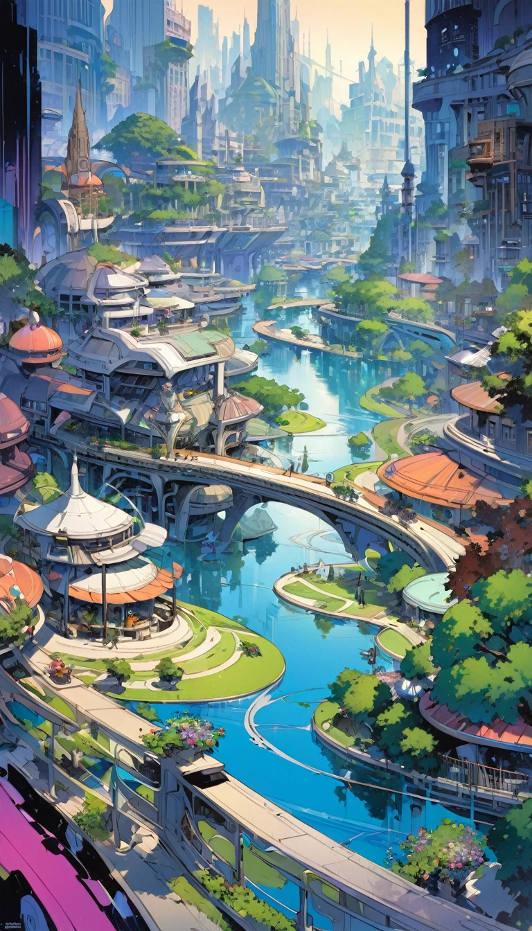 lake city, an impressive city built on a large lake, with canals as streets, lots of vegetation, futuristic elements, a cat in scene, artwork by Bill Sienkiewicz , vivid colors, intricate details,