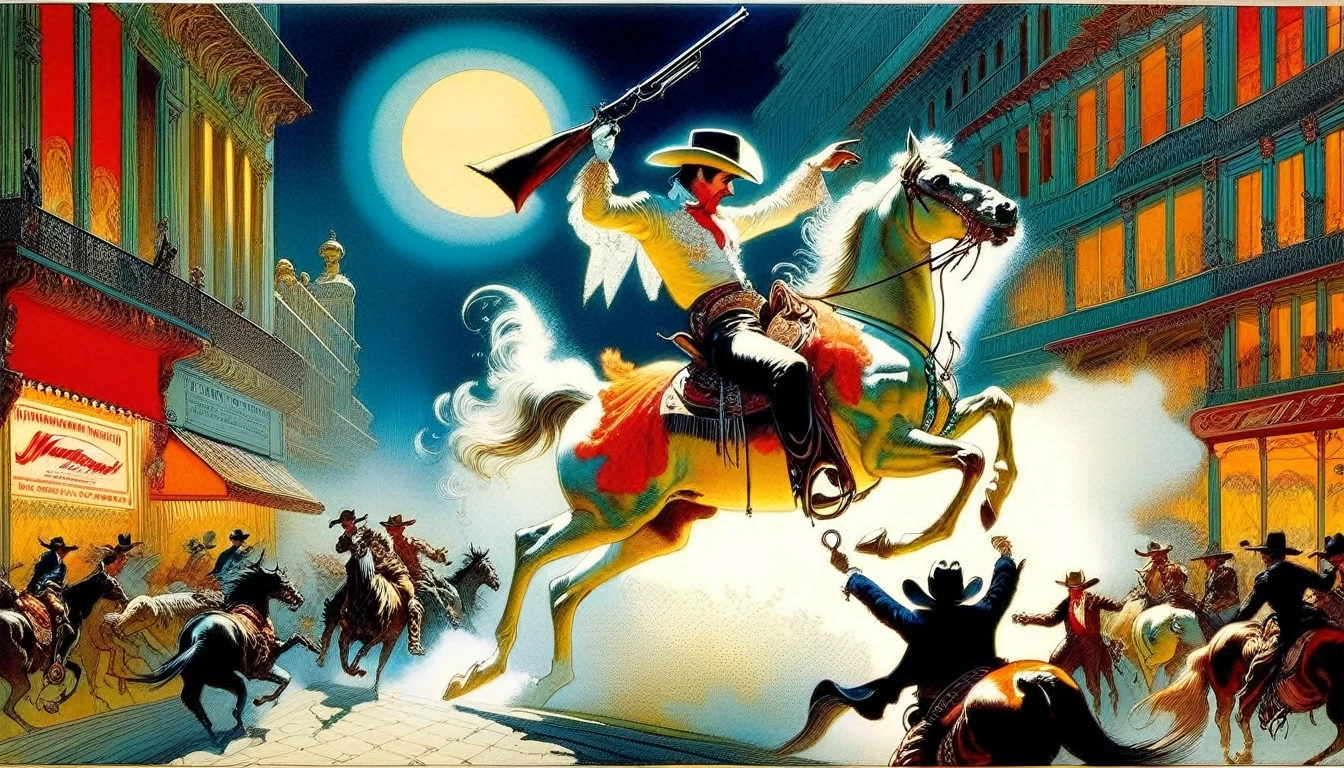 (best quality, Masterpiece:1,1), ((illustration by Louis Icart)),Western Cowboy, improvisation, Detailed illustration, grotesque,
 Intricate details, tempering, (aesthetics), excitement, hyperrealistic, insanely detailed, ((Louis Icarth style)