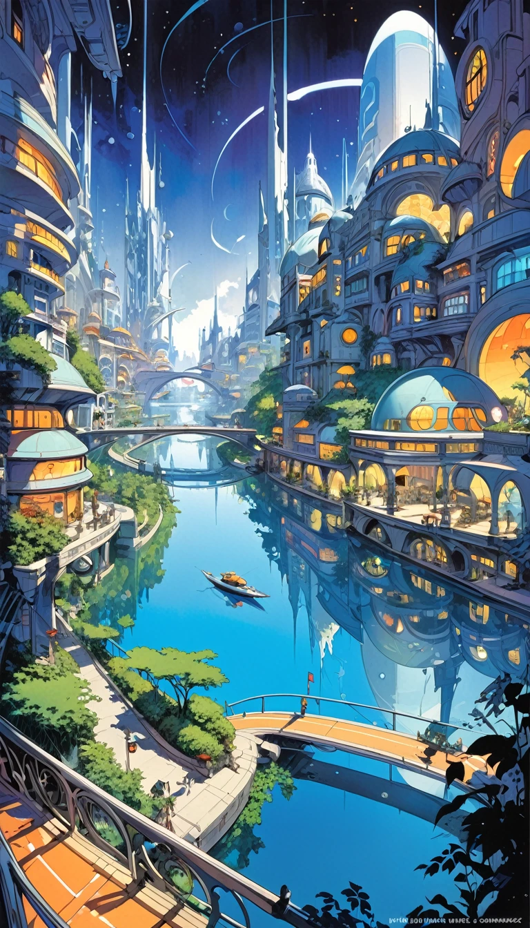 lake city, an impressive city built on a large lake, with canals as streets, lots of vegetation, futuristic elements, a cat in scene, artwork by Bill Sienkiewicz , vivid colors, intricate details,