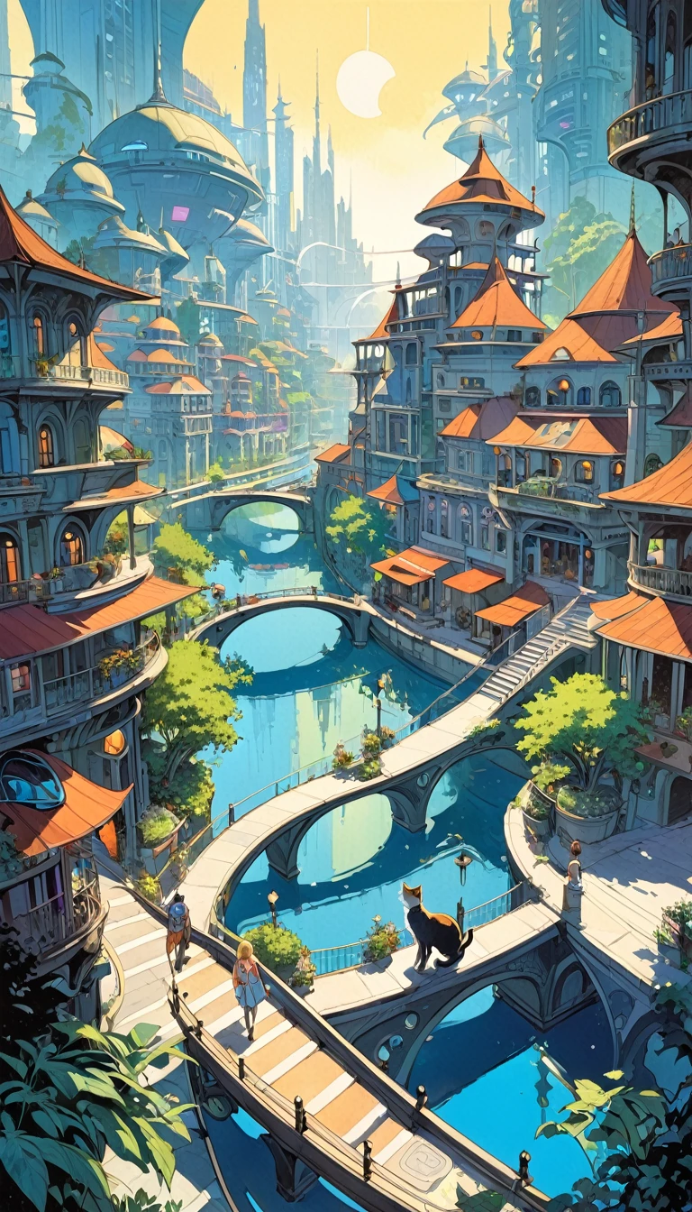 lake city, an impressive city built on a large lake, with canals as streets, lots of vegetation, futuristic elements, a cat in scene, artwork by Bill Sienkiewicz , vivid colors, intricate details,