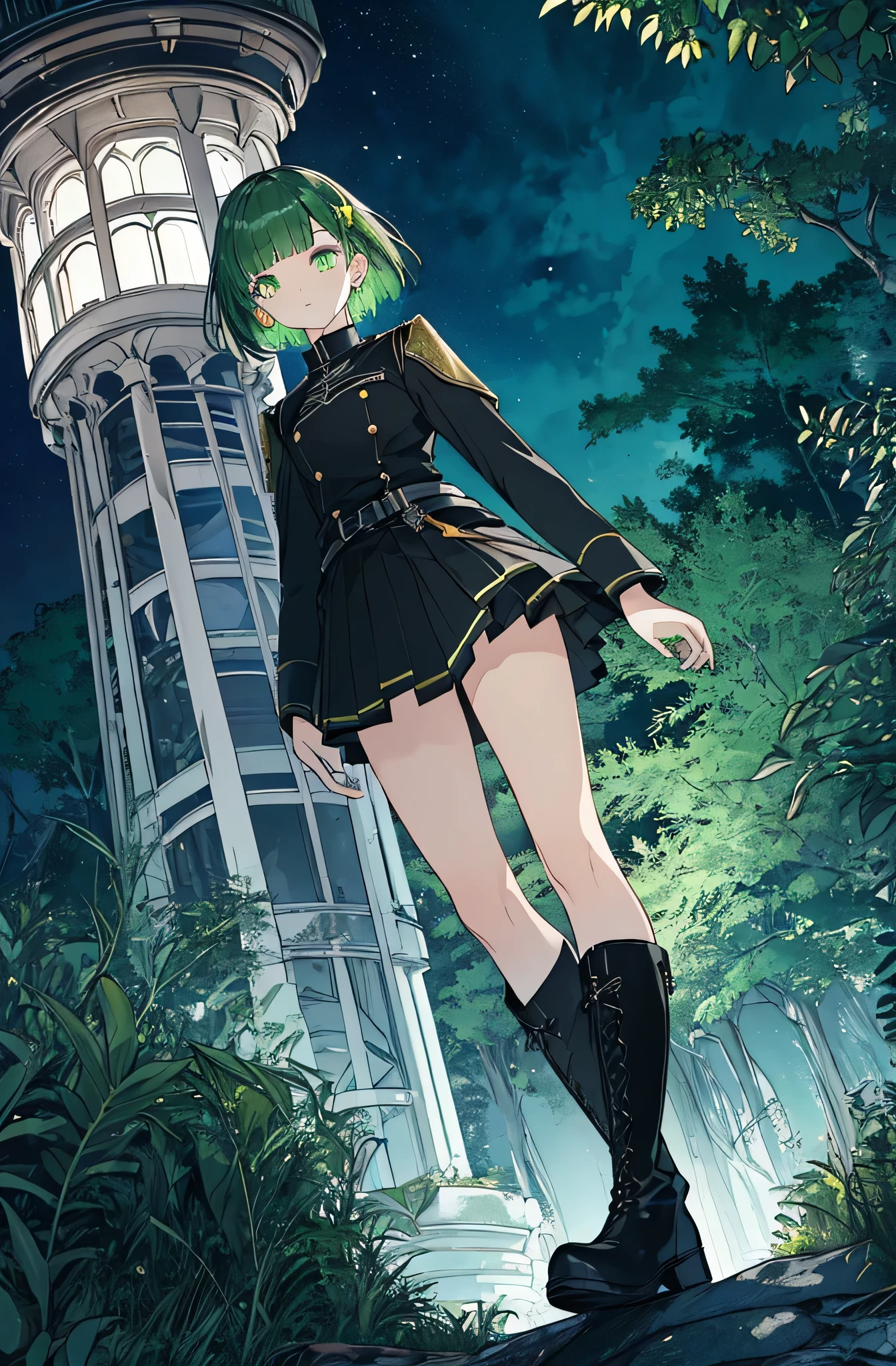 [(observation tower background:1.4)::5],original,(shape:1.1),(highest quality),(Tabletop:1.1),(Highly detailed CG Unity 8k wallpaper:1.1), (colorful:0.9),(Mid Shot:0.95),(very detailed beautiful whole body),Dynamic Angle,(alone:1.2), (girl),(((Adult))), (Beautiful eyes in every detail:1.15), (Beautiful Face:1.15), (Glowing green eyes:1.25////),(Gemstone Eyes),(Green Short Hair),(Blunt bangs),((The girl wear a black knight uniform)),Realistic,, girl,Green Hair,((Black long boots)), Black mini skirt,Black knee socks(rage),(Contempt and contempt),rage,(beautiful slender girl),((Adult)),((whole body)),Valkyrie, Decorations,((Thin legs)),((slender girl)),Front Angle,Front Angle,Forest elevation,night,((Looking down from a high point in the tower)),