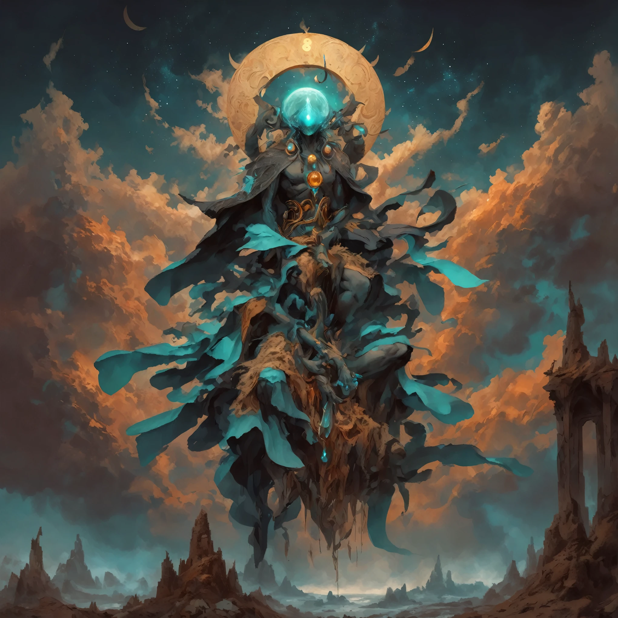 highly detailed, 8k, masterpiece, clouds, night sky, abstract, spikes, the dreamer god of the void, male, black mountains, dust, ruins in the moon, falling sand, waterfalls, night, abstract, alchemic symbols, occult, black background, turquoise and orange accents, painting by peter mohrbacher, Alphonse Mucha