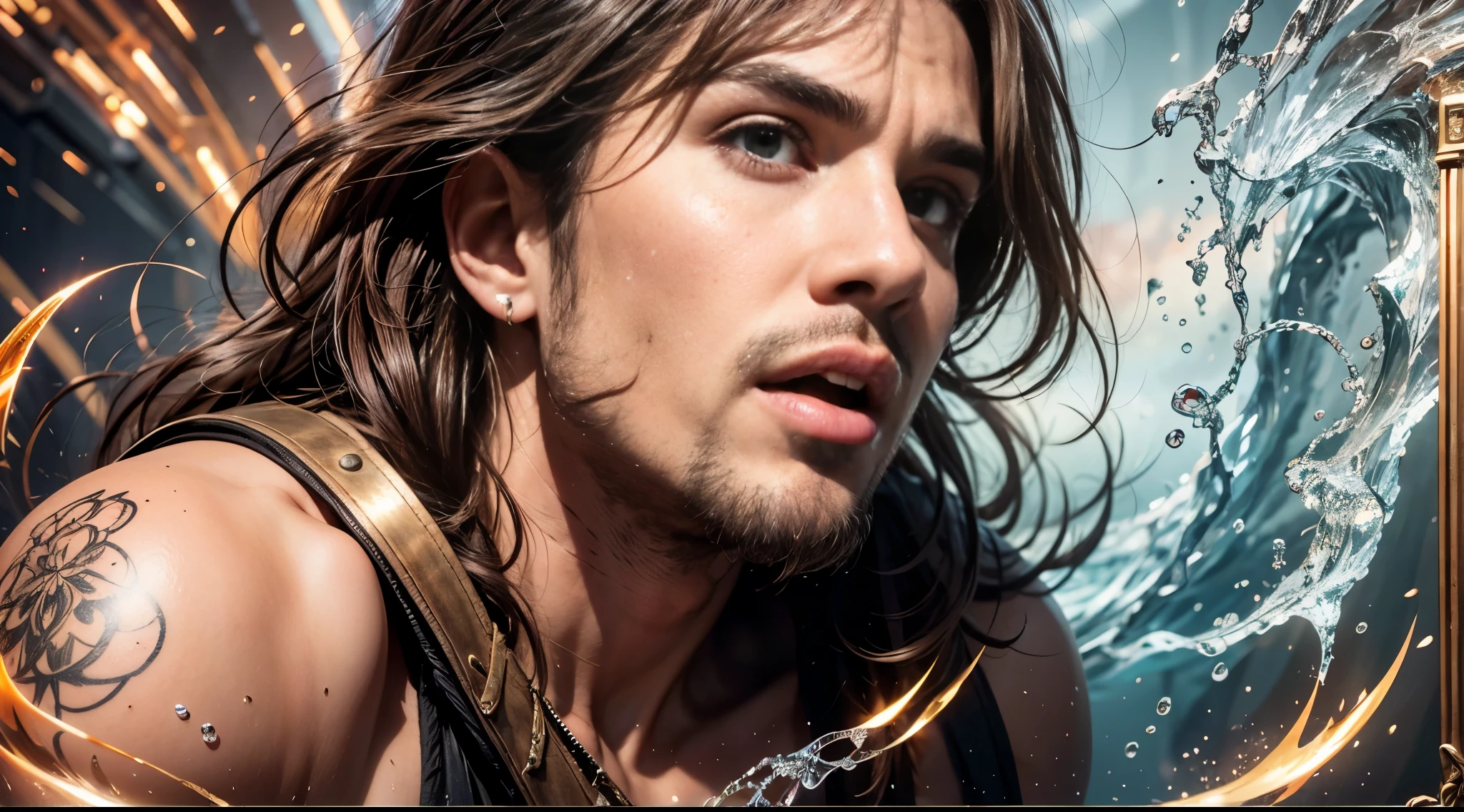 A strong man, short pink hair, short beard, has orange eyes, is underwater, has tattoos all in shades of black, has a golden trident, realistic drawing style, focus on the face