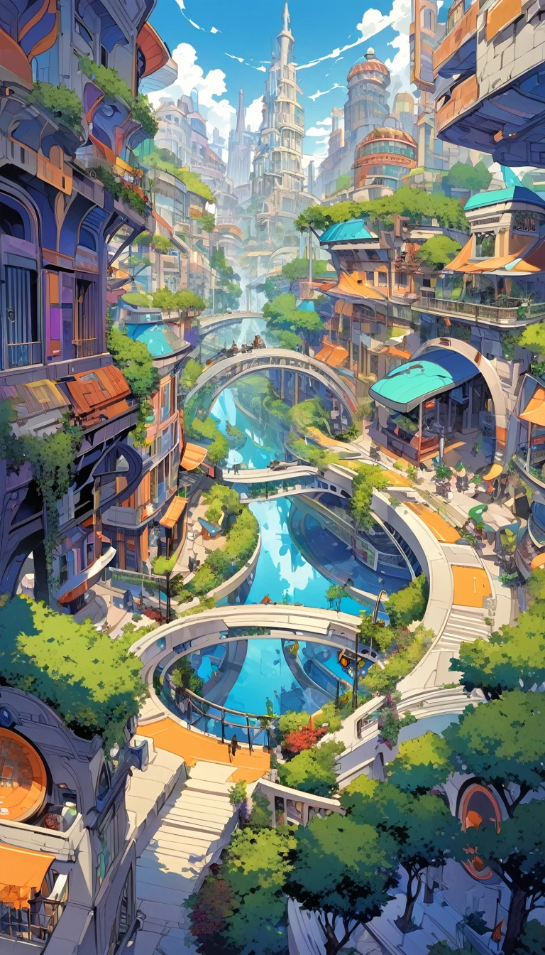 a cat in lake city, an impressive city built on a large lake, with canals as streets, lots of vegetation, futuristic elements, artwork by Bill Sienkiewicz , vivid colors, intricate details,