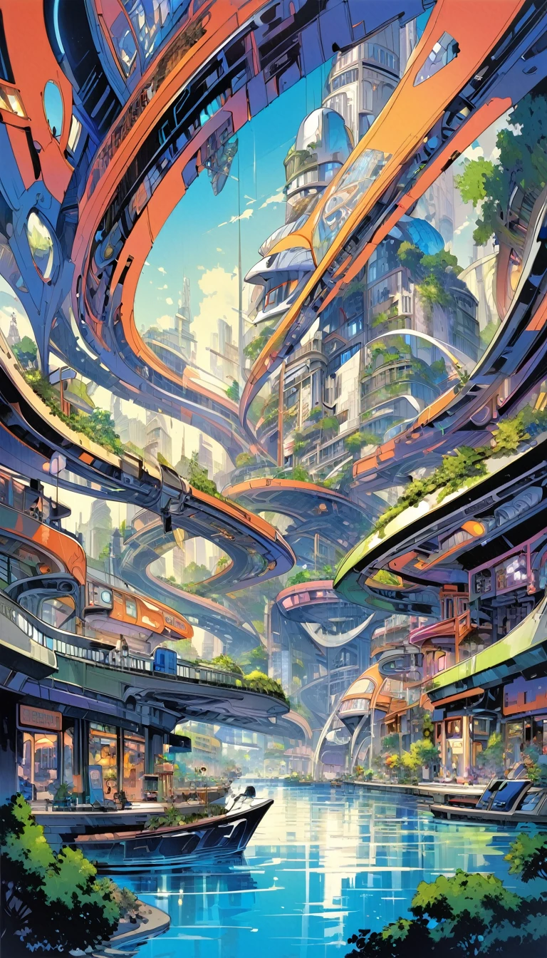 a cat in lake city, an impressive city built on a large lake, with canals as streets, lots of vegetation, futuristic elements, artwork by Bill Sienkiewicz , vivid colors, intricate details,