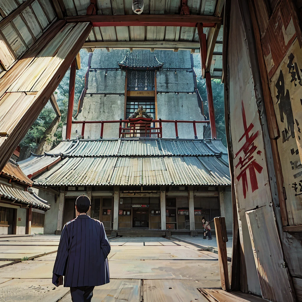 Set in the Japanese Warring States Period,Japanese generals fight in front of a Japanese wonder building,Draw their samurai equipment。