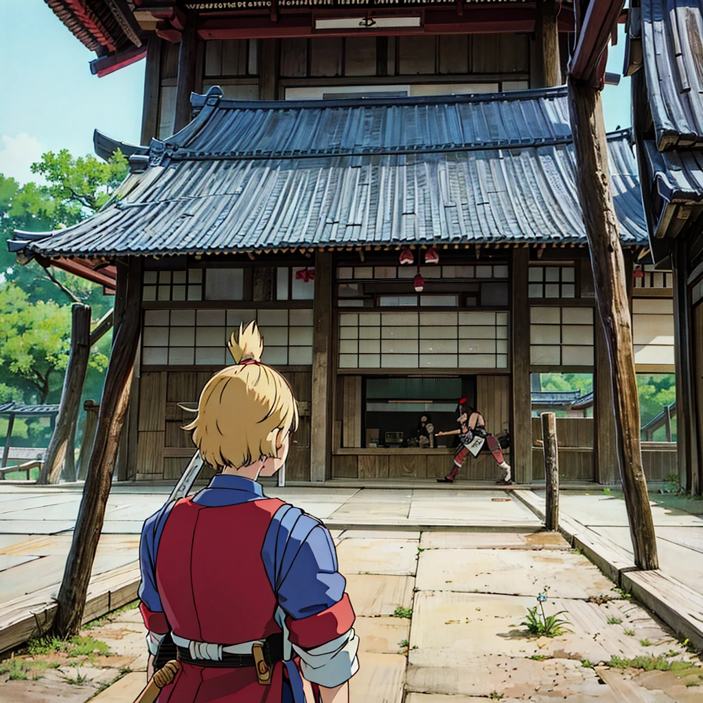 Set in the Japanese Warring States Period,Japanese generals fight in front of a Japanese wonder building,Draw their samurai equipment。
