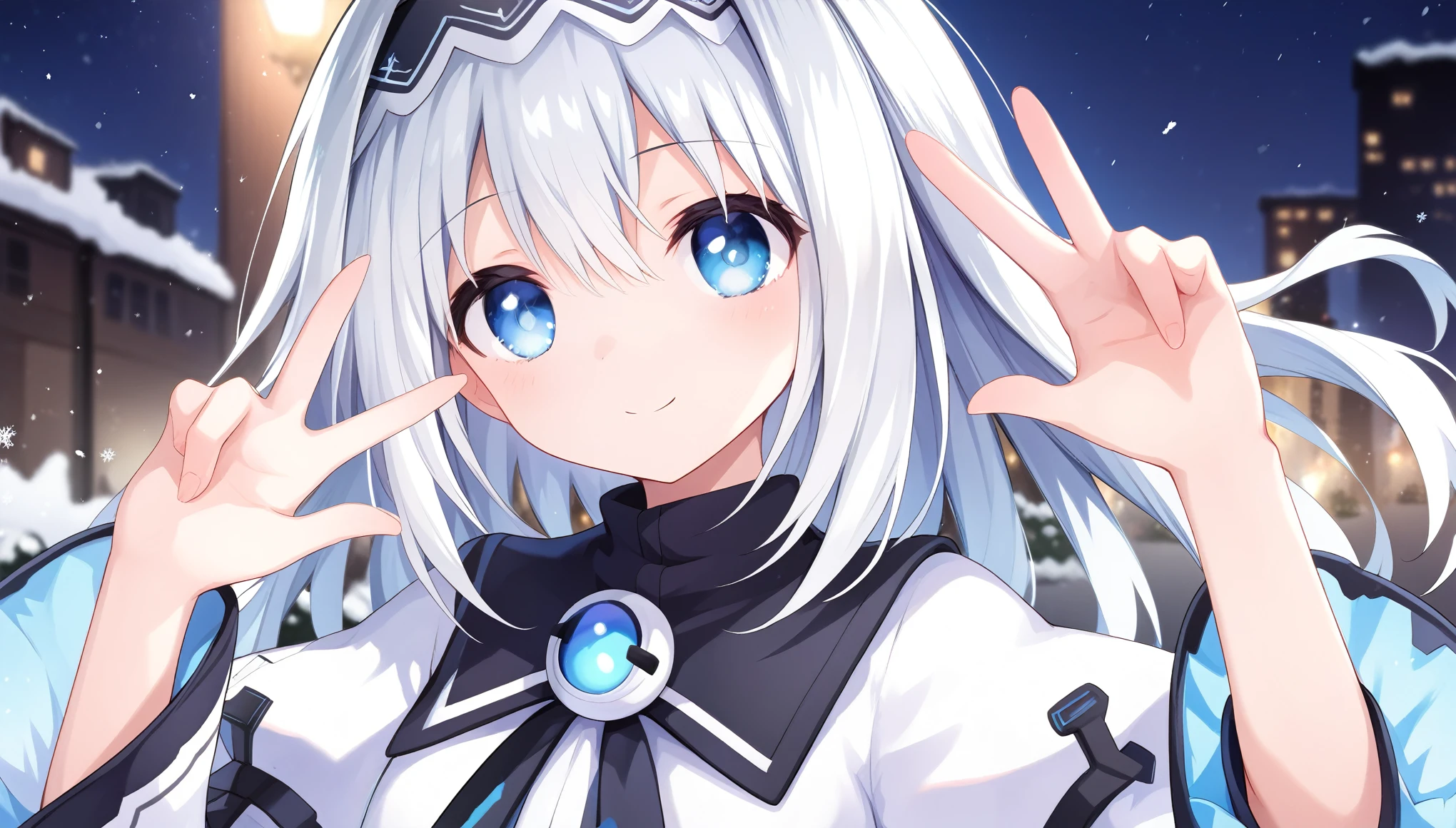 score_9, score_8_up, score_7_up, arusu maria,1girl, solo, long hair, blue eyes, white hair,hair between eyes,white dress,white thighhighs, long sleeves, wide sleeves,black hairband,Face, close-up, upper body, peace pose, smiling, sit, rised hand, snow background, night, city ​​in the distance, bright eyes